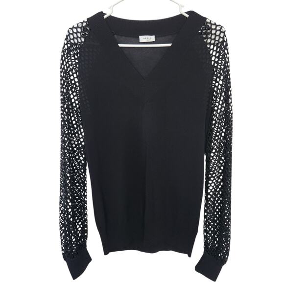 AKRIS Punto Knit V Neck Top 2 Black Mesh Sleeves Designer Office Whimsigoth - Picture 1 of 8